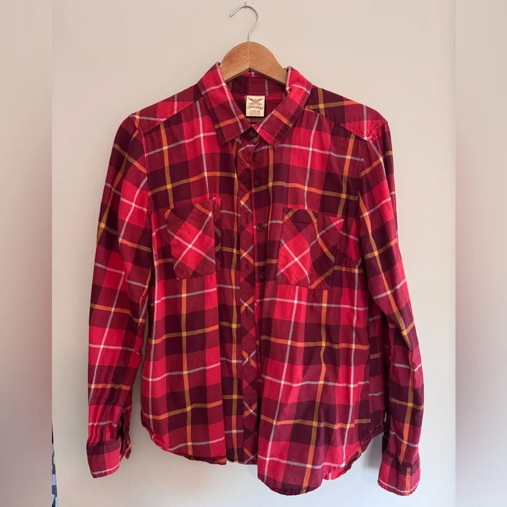 Set of 3 - Faded Glory Burgundy Plaid Shirt L Womens 12-14 - Picture 4 of 10